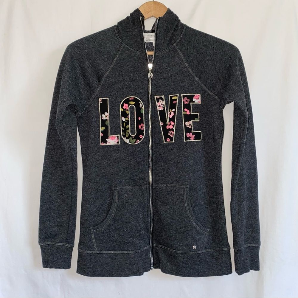 Victoria’s Secret | Floral 'LOVE' Graphic Full Zip Fleece Lined Hoodie Dark Gray